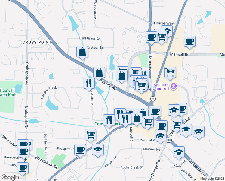 map of restaurants, bars, coffee shops, grocery stores, and more near 425 East Crossville Road in Roswell