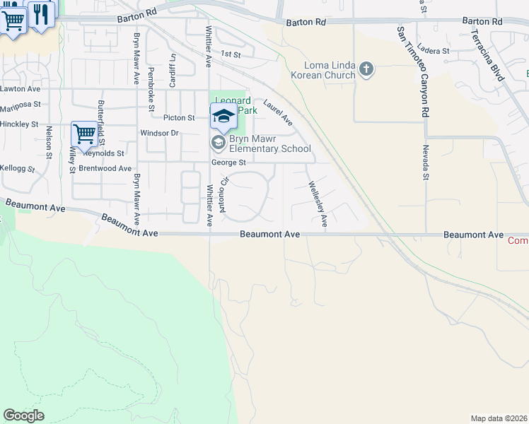 map of restaurants, bars, coffee shops, grocery stores, and more near 26489 Francisco Lane in Loma Linda