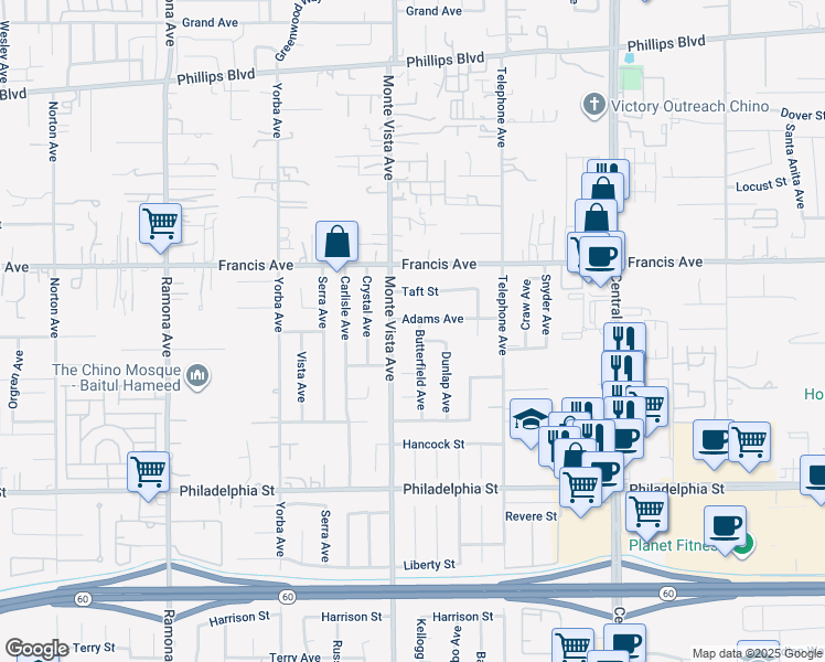 map of restaurants, bars, coffee shops, grocery stores, and more near 11860 Butterfield Avenue in Chino
