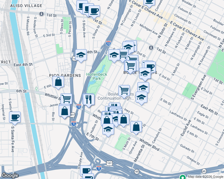 map of restaurants, bars, coffee shops, grocery stores, and more near 612 South Chicago Street in Los Angeles