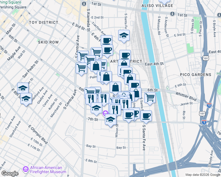 map of restaurants, bars, coffee shops, grocery stores, and more near 1340 East 6th Street in Los Angeles