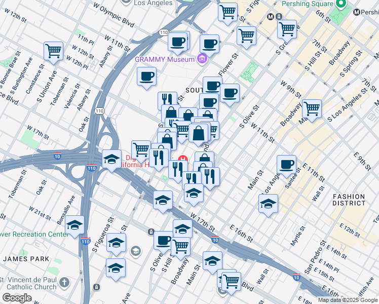 map of restaurants, bars, coffee shops, grocery stores, and more near 1338 South Hope Street in Los Angeles