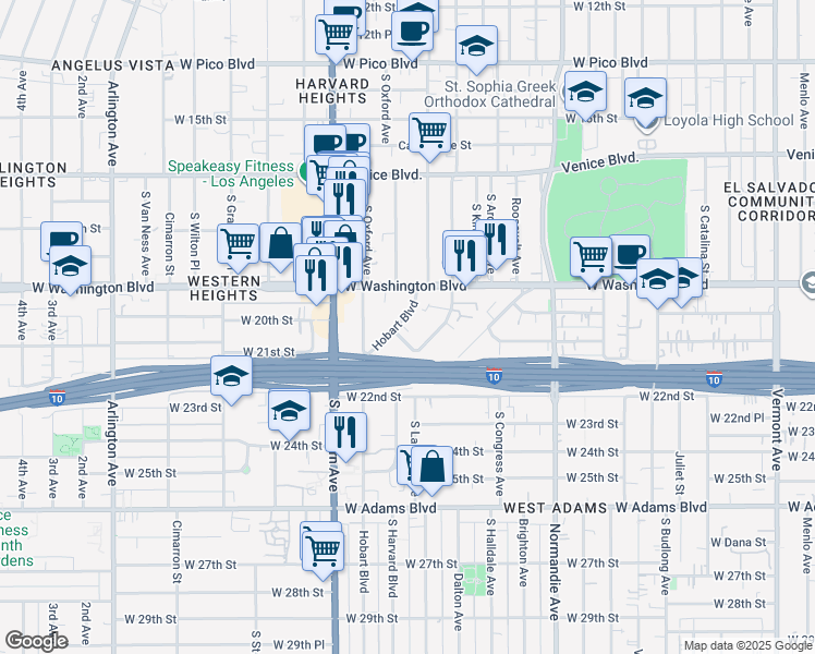 map of restaurants, bars, coffee shops, grocery stores, and more near 2100 South Hobart Boulevard in Los Angeles