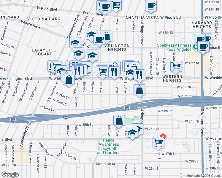 map of restaurants, bars, coffee shops, grocery stores, and more near 3407 West 21st Street in Los Angeles