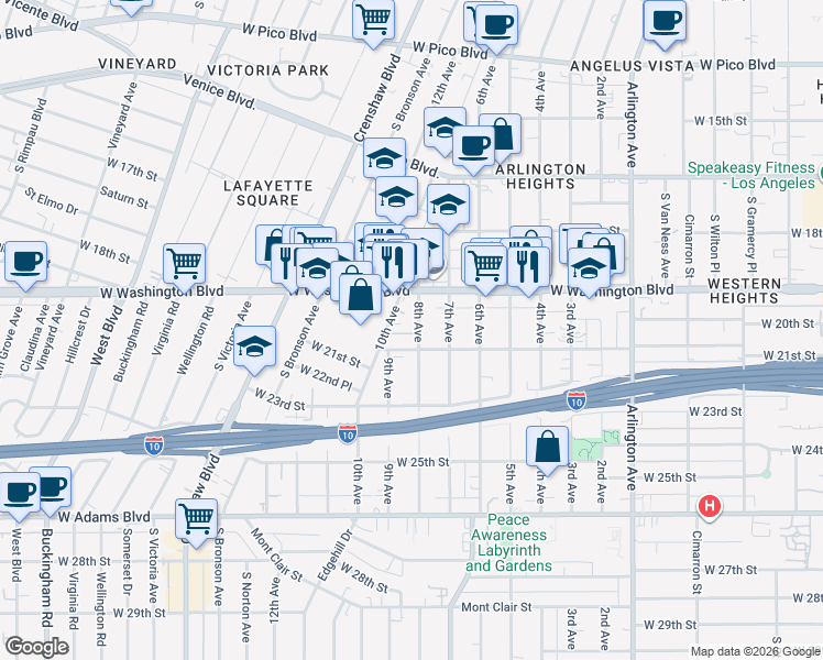 map of restaurants, bars, coffee shops, grocery stores, and more near 2034 8th Avenue in Los Angeles