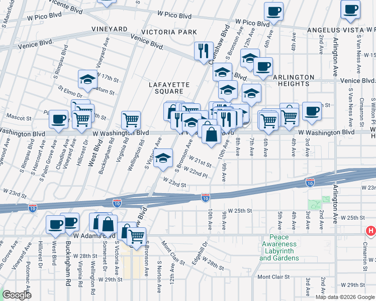 map of restaurants, bars, coffee shops, grocery stores, and more near 2118 South Bronson Avenue in Los Angeles