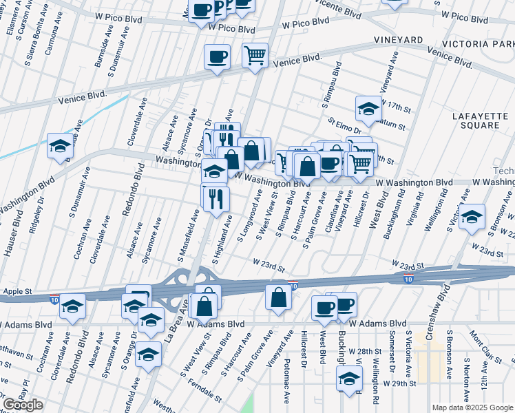 map of restaurants, bars, coffee shops, grocery stores, and more near 2029 South West View Street in Los Angeles