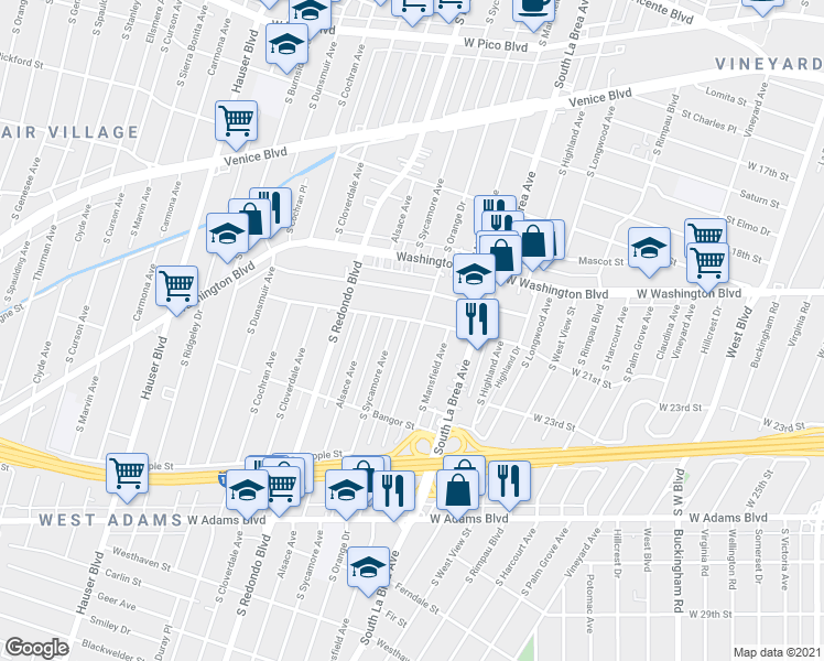 map of restaurants, bars, coffee shops, grocery stores, and more near 2134 South Sycamore Avenue in Los Angeles
