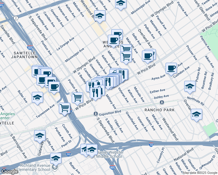 map of restaurants, bars, coffee shops, grocery stores, and more near 11014 West Pico Boulevard in Los Angeles