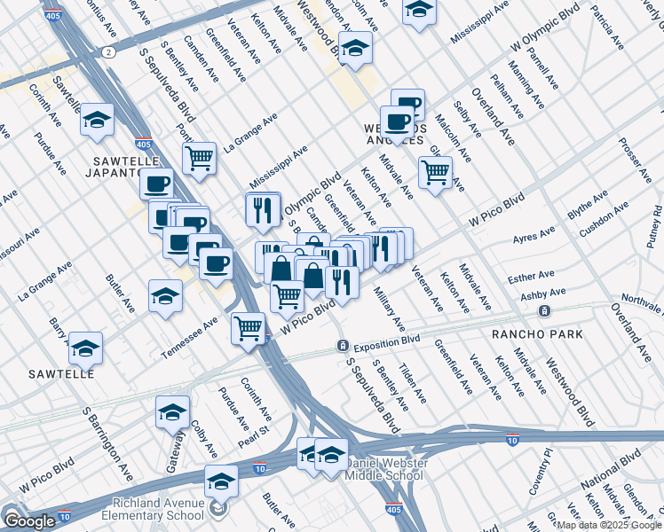 map of restaurants, bars, coffee shops, grocery stores, and more near 2336 South Sepulveda Boulevard in Los Angeles