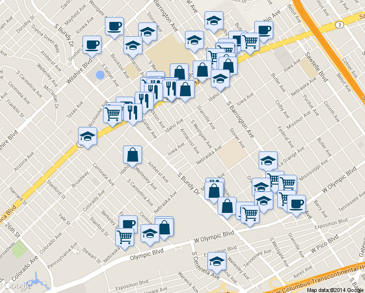 map of restaurants, bars, coffee shops, grocery stores, and more near 1730 Brockton Avenue in Los Angeles