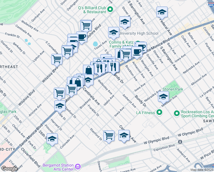 map of restaurants, bars, coffee shops, grocery stores, and more near 1529 Wellesley Avenue in Los Angeles