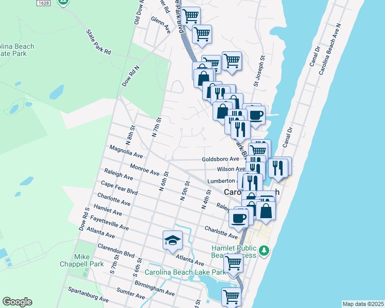 map of restaurants, bars, coffee shops, grocery stores, and more near 405 Goldsboro Avenue in Carolina Beach