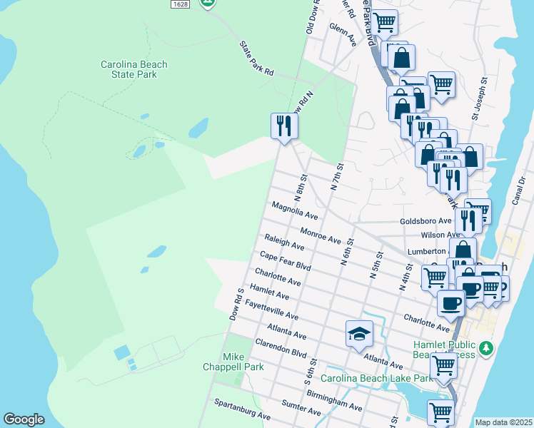 map of restaurants, bars, coffee shops, grocery stores, and more near 814 Monroe Avenue in Carolina Beach