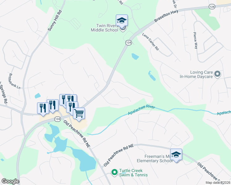 map of restaurants, bars, coffee shops, grocery stores, and more near 2237 Roberts View Trail in Buford