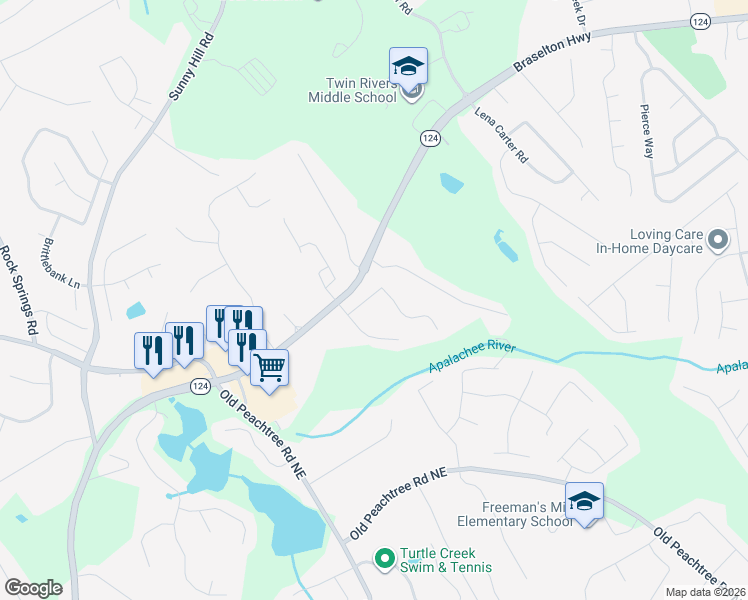 map of restaurants, bars, coffee shops, grocery stores, and more near 2157 Roberts View Trail in Buford