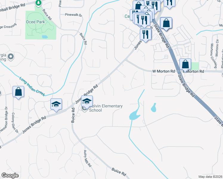 map of restaurants, bars, coffee shops, grocery stores, and more near 10540 Wynbridge Drive in Alpharetta