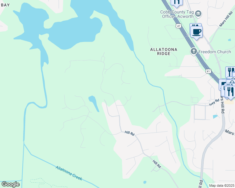 map of restaurants, bars, coffee shops, grocery stores, and more near 3380 Hill Forest Trail in Acworth