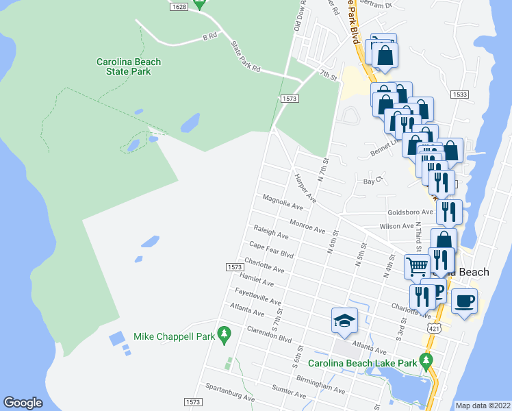 map of restaurants, bars, coffee shops, grocery stores, and more near 814 Monroe Avenue in Carolina Beach