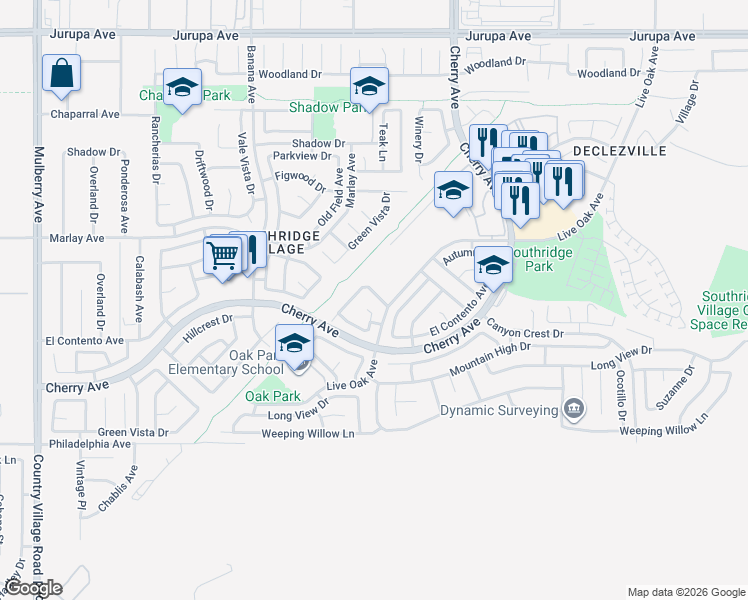map of restaurants, bars, coffee shops, grocery stores, and more near 11862 Autumn Place in Fontana