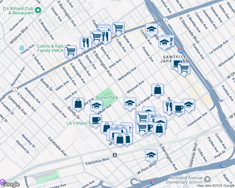 map of restaurants, bars, coffee shops, grocery stores, and more near Stoner Avenue in Los Angeles