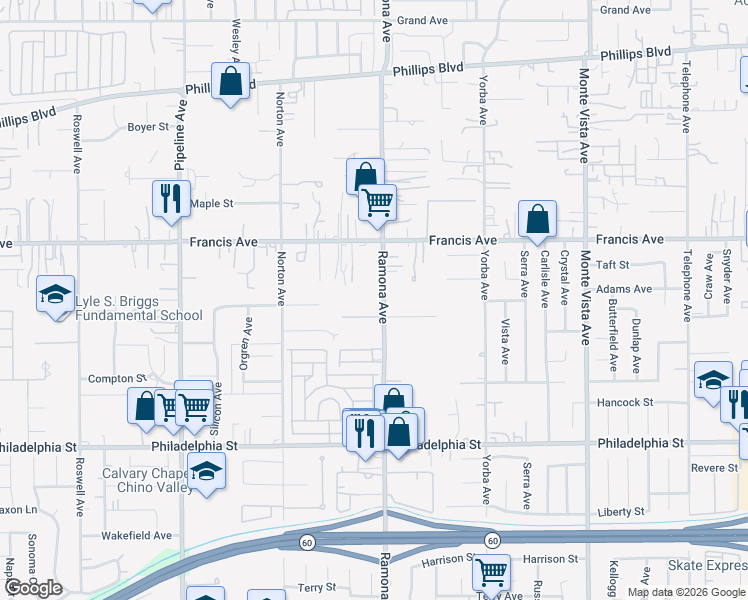 map of restaurants, bars, coffee shops, grocery stores, and more near 11814 Ramona Avenue in Chino