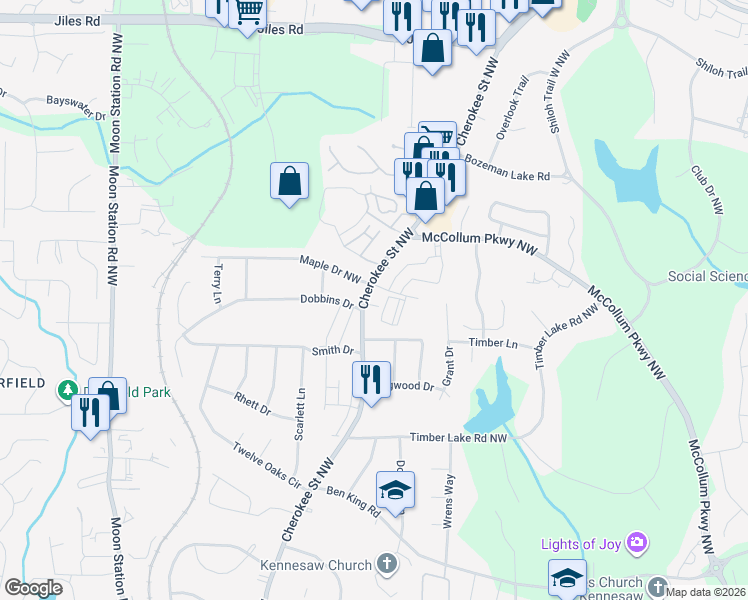 map of restaurants, bars, coffee shops, grocery stores, and more near 3506 Cherokee Street Northwest in Kennesaw