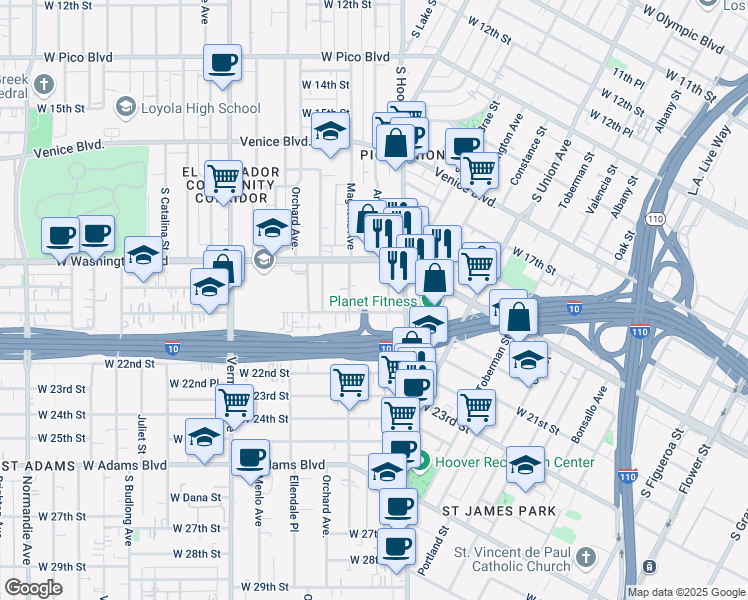 map of restaurants, bars, coffee shops, grocery stores, and more near 1351 West 20th Street in Los Angeles