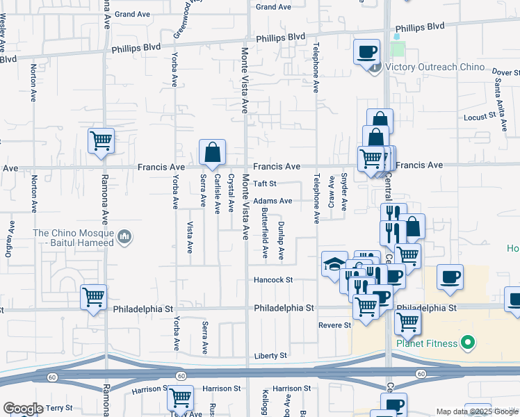 map of restaurants, bars, coffee shops, grocery stores, and more near 11860 Butterfield Avenue in Chino