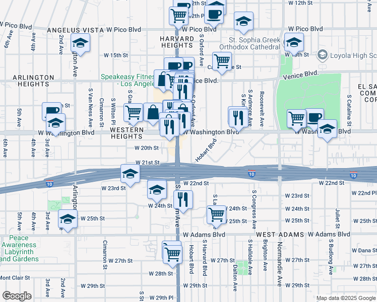 map of restaurants, bars, coffee shops, grocery stores, and more near 2057 South Oxford Avenue in Los Angeles