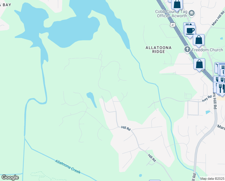map of restaurants, bars, coffee shops, grocery stores, and more near 3380 Hill Forest Trail in Acworth