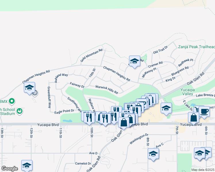 map of restaurants, bars, coffee shops, grocery stores, and more near 33398 Warwick Hills Road in Yucaipa