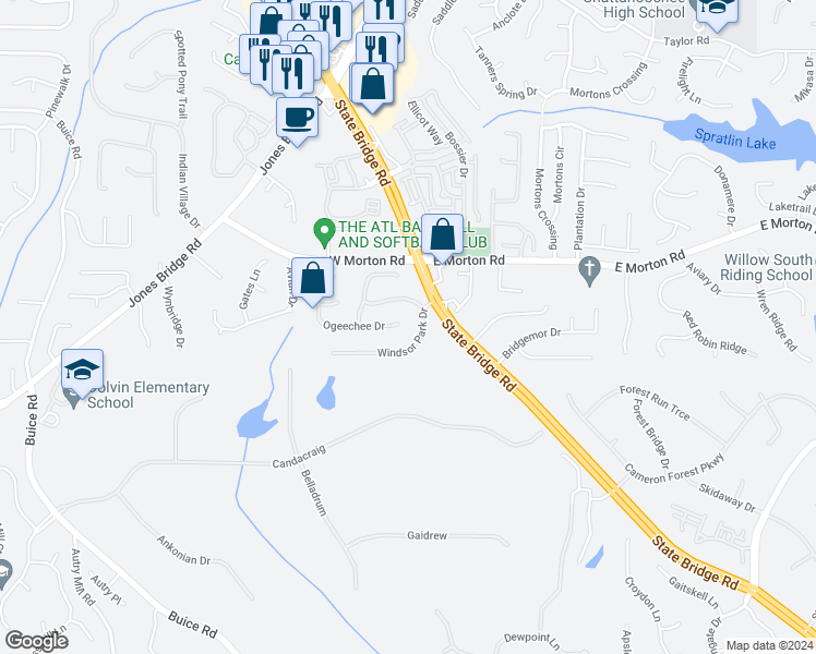 map of restaurants, bars, coffee shops, grocery stores, and more near 4845 Ogeechee Drive in Alpharetta