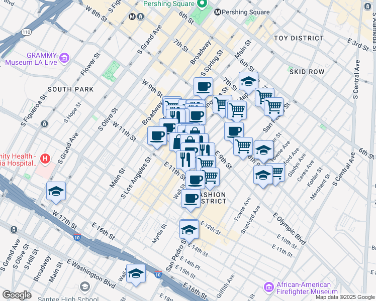 map of restaurants, bars, coffee shops, grocery stores, and more near 1000 S Maple Avenue in Los Angeles