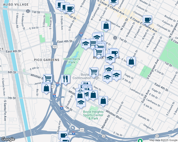 map of restaurants, bars, coffee shops, grocery stores, and more near 601 South Breed Street in Los Angeles