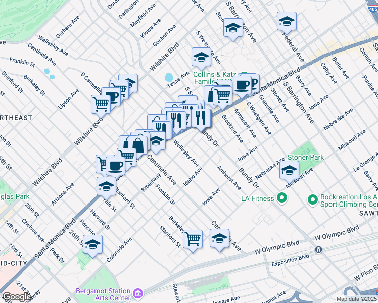 map of restaurants, bars, coffee shops, grocery stores, and more near 1529 Wellesley Avenue in Los Angeles