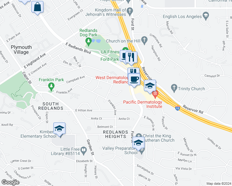 map of restaurants, bars, coffee shops, grocery stores, and more near 381 Los Robles Crest in Redlands
