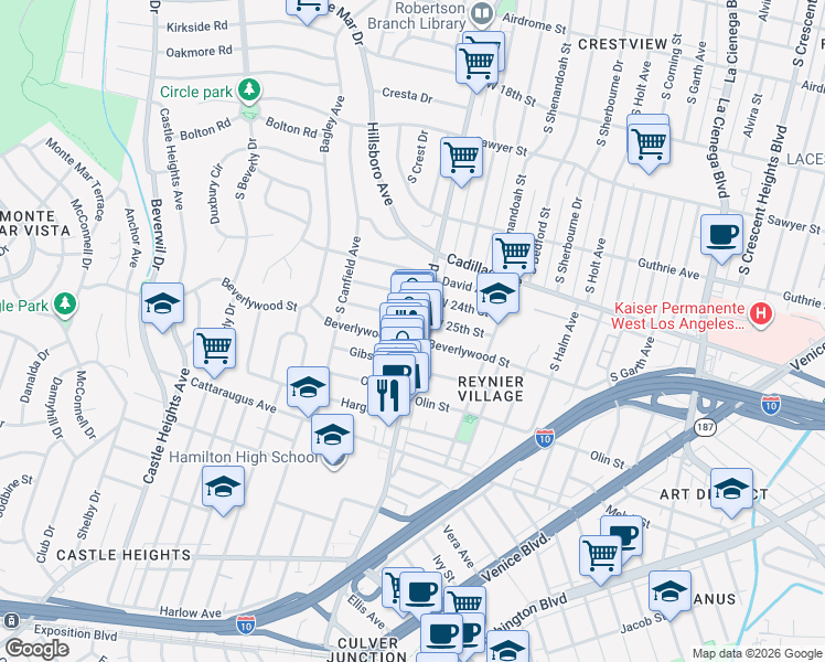 map of restaurants, bars, coffee shops, grocery stores, and more near 2617 South Robertson Boulevard in Los Angeles