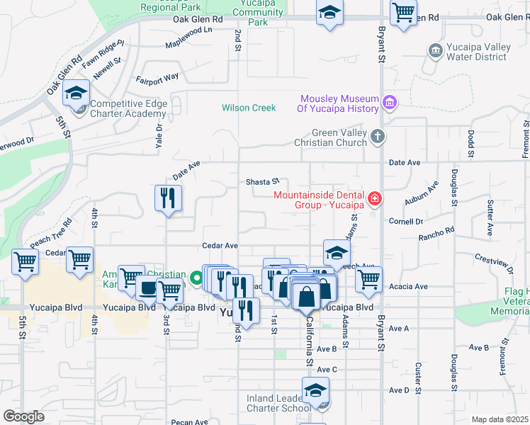 map of restaurants, bars, coffee shops, grocery stores, and more near 1st Street in Yucaipa