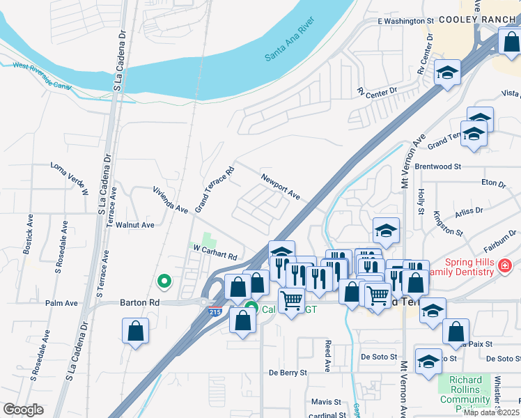map of restaurants, bars, coffee shops, grocery stores, and more near 22111 Newport Avenue in Grand Terrace