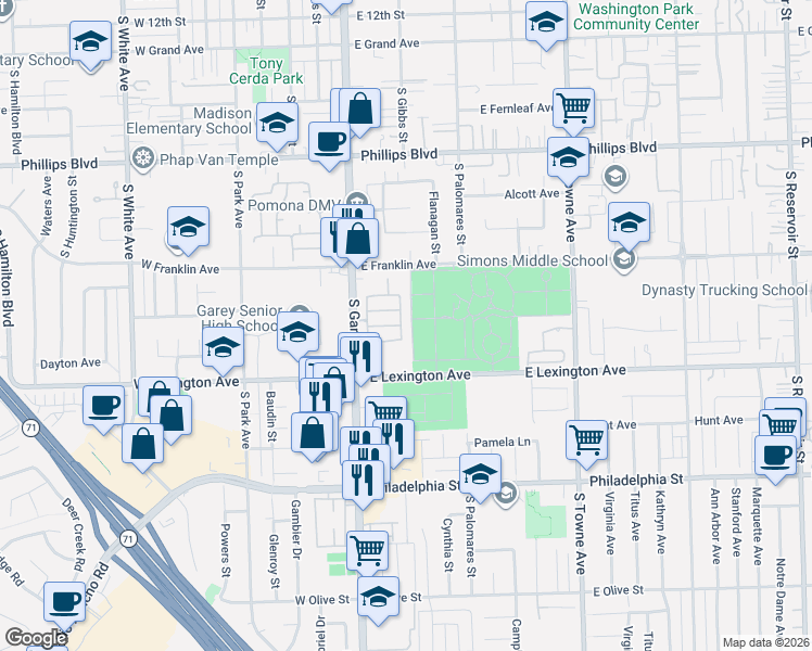 map of restaurants, bars, coffee shops, grocery stores, and more near 1778 Rockview Way in Pomona