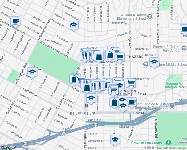 map of restaurants, bars, coffee shops, grocery stores, and more near 214 North Alma Avenue in Los Angeles