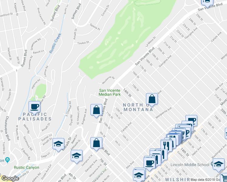 map of restaurants, bars, coffee shops, grocery stores, and more near 1304 San Vicente Boulevard in Santa Monica