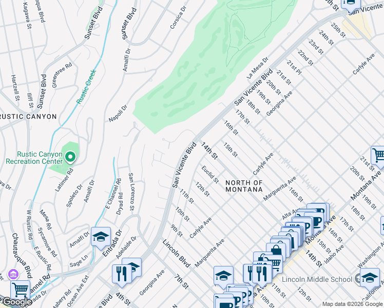 map of restaurants, bars, coffee shops, grocery stores, and more near 1304 San Vicente Boulevard in Santa Monica