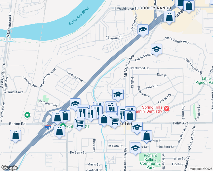 map of restaurants, bars, coffee shops, grocery stores, and more near 11750 Mount Vernon Avenue in Grand Terrace