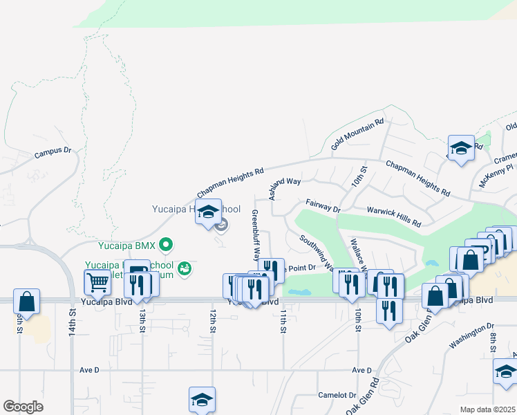 map of restaurants, bars, coffee shops, grocery stores, and more near 11839 Greenbluff Way in Yucaipa