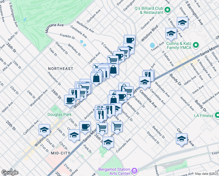 map of restaurants, bars, coffee shops, grocery stores, and more near 1242 Berkeley Street in Santa Monica