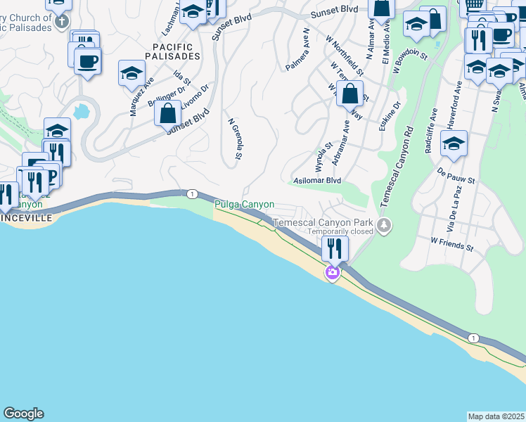 map of restaurants, bars, coffee shops, grocery stores, and more near 16321 Pacific Coast Highway in Los Angeles
