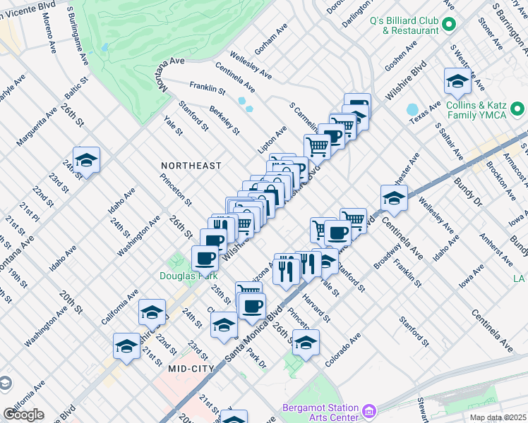 map of restaurants, bars, coffee shops, grocery stores, and more near in Santa Monica