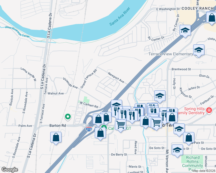 map of restaurants, bars, coffee shops, grocery stores, and more near 22111 Newport Avenue in Grand Terrace